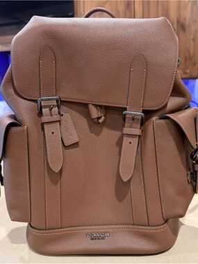 Coach Tan Pebbled Leather Backpack with Buckle Flap